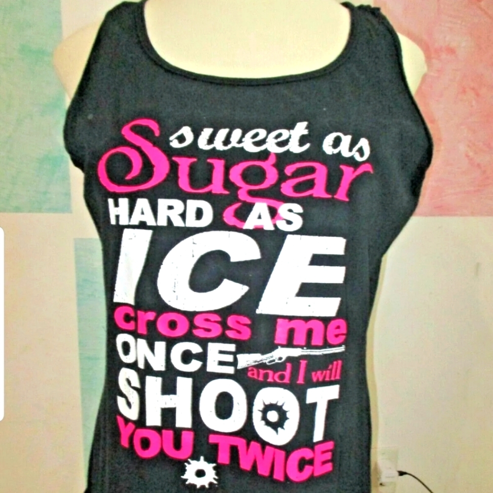 SWEET AS SUGAR HARD AS ICE CROSS ME Black White Pink Gun Shoot Tank Top 2XL